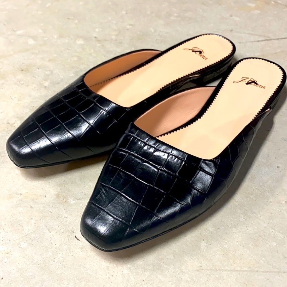 J. Crew Black Croc-Embossed Leather Slip-On Mules